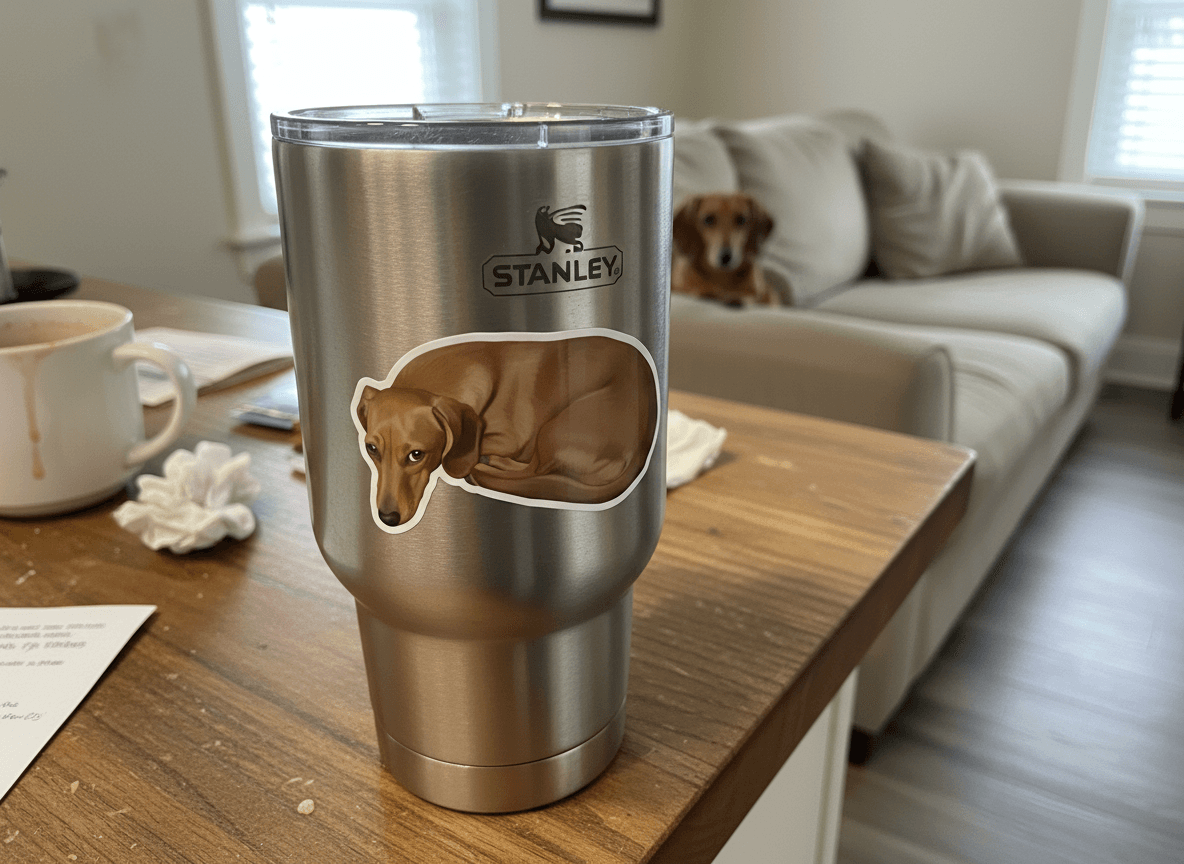 Dachshund sticker on a Stanley cup