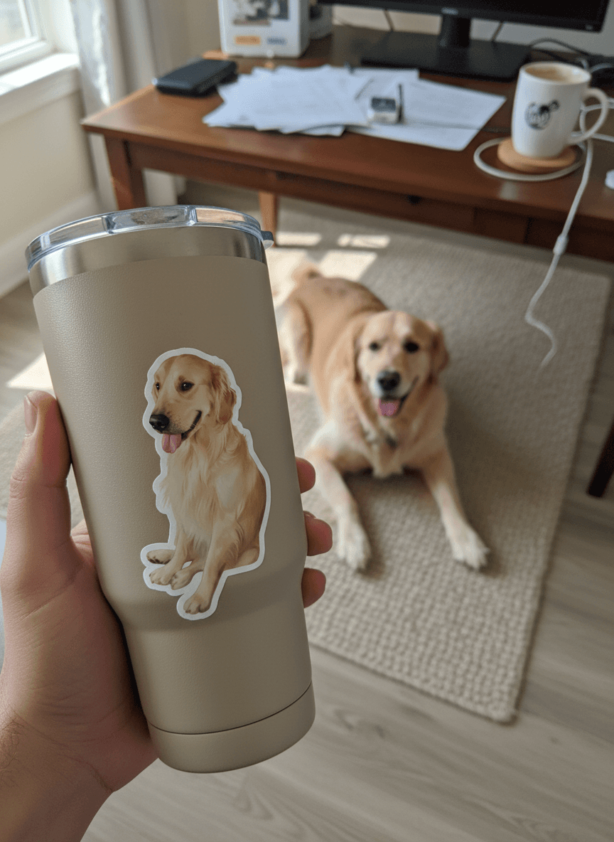 Golden retriever sticker on a travel mug