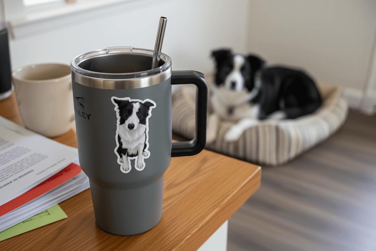 Border collie sticker on a Stanley mug