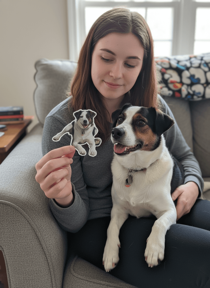 Owner holding a custom pet sticker next to their happy dog